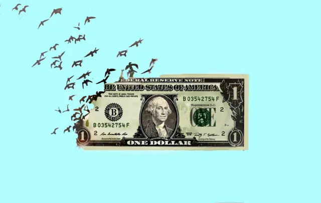 Ilustração de uma nota de dólar faltando pedaços de onde saem pássaros. 