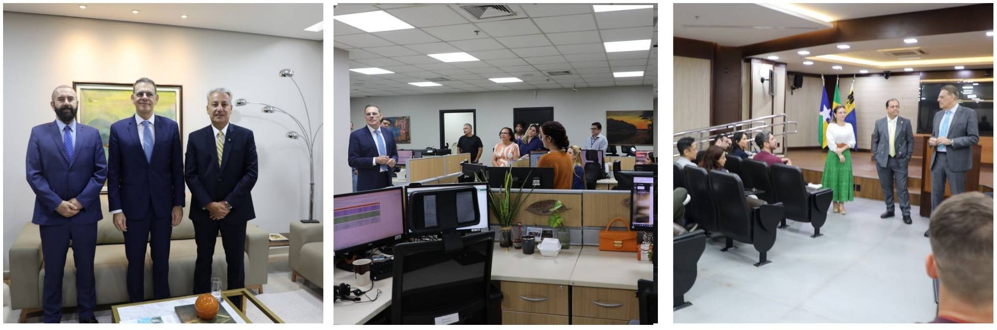 A colagem de fotos mostra o presidente o corregedor e vice, além do presidente na G-Gov e na Stic.