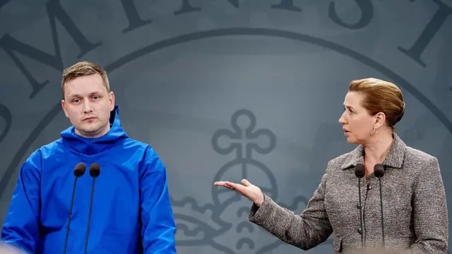 O chefe de governo da Groenlândia, Jens-Frederik Nielsen, e a primeira-ministra da Dinamarca, Mette Frederiksen, durante um pronunciamento